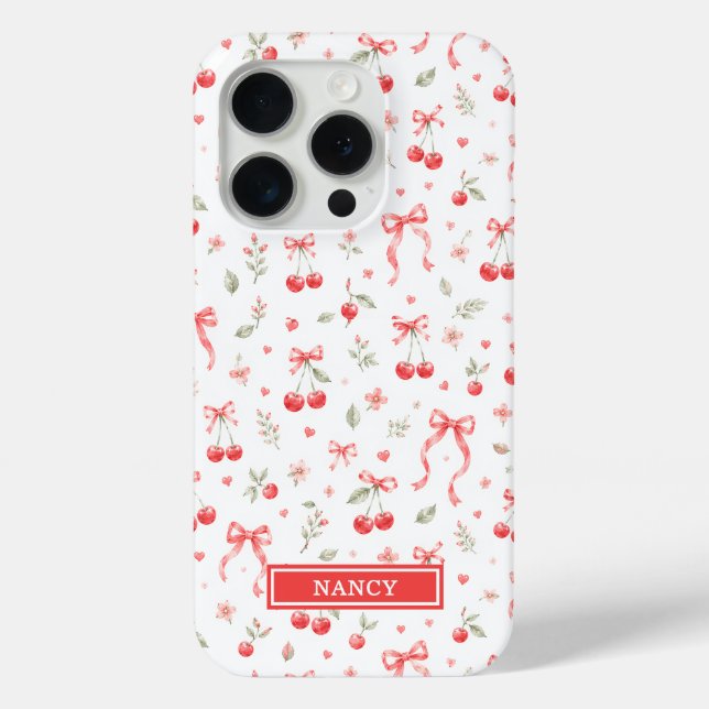 Cherries With Red Coquette Bows Monogrammed Case-Mate iPhone Case (Back)
