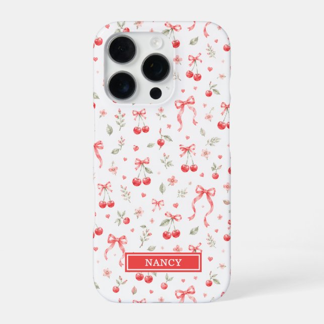 Cherries With Red Coquette Bows Monogrammed iPhone Case (Back)