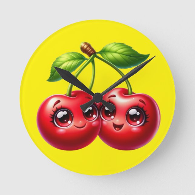 Cherries with smiley faces round clock (Front)