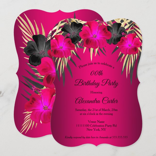 Cherrry Pink Gold Palms Hibiscus Birthday Party Invitation (Front/Back)