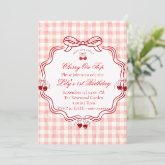 Cherry 1st Birthday Invitation | Pink Gingham Bow