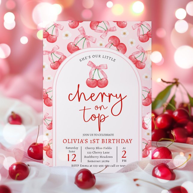 Cherry 1st Birthday Party Coquette Cherry Birthday Invitation (Creator Uploaded)