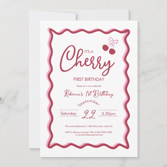 Cherry 1st Birthday Pink Bow Coquette  Invitation (Front)
