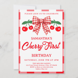 Cherry 1st Birthday Red Gingham Bow Invitation