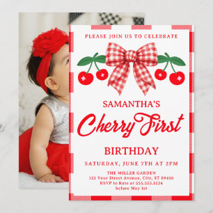 Cherry 1st Birthday Red Gingham Bow Photo Invitation