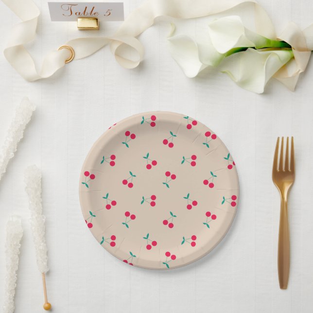 Cherry Aesthetic Cherries Pattern Beige Paper Plate (Wedding)