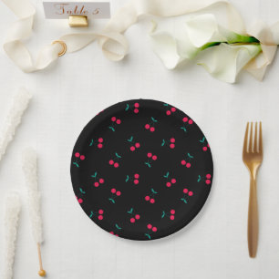 Cherry Aesthetic Cherries Pattern Black  Paper Plate