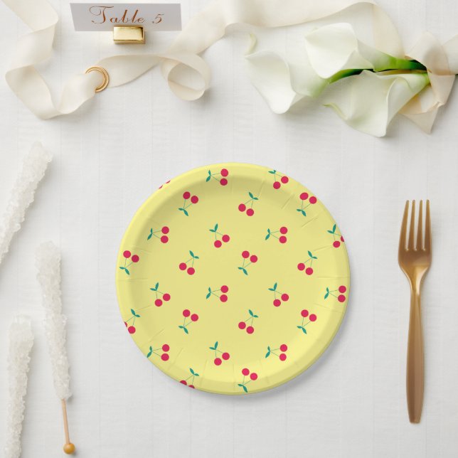 Cherry Aesthetic Cherries Pattern Yellow Paper Plate (Wedding)