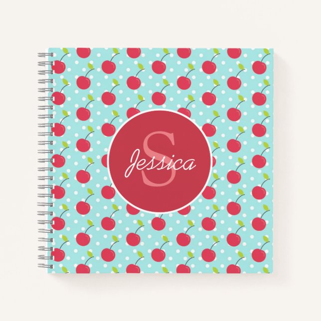 Cherry and Blue Polka Dot Pattern Personalised Notebook (Front)