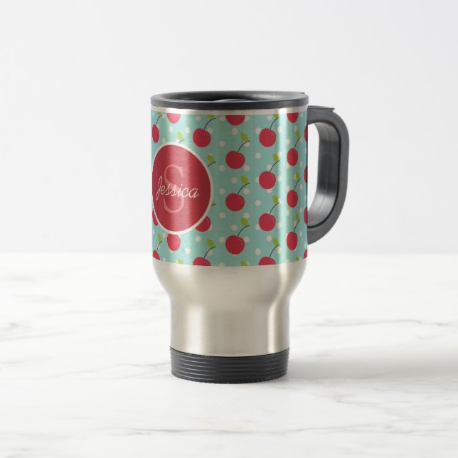 Cherry and Blue Polka Dot Pattern Personalised Travel Mug (Front Right)