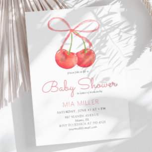 Cherry and Pink Ribbon Watercolor Girl Baby Shower Invitation
