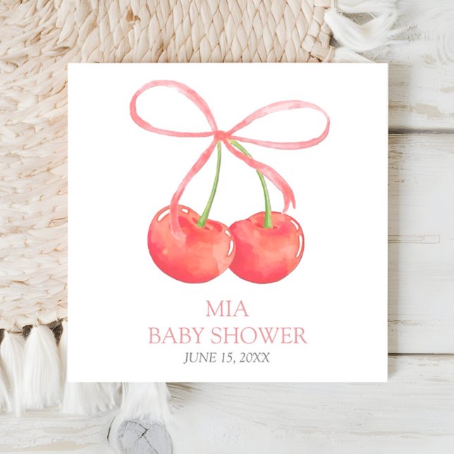 Cherry and Pink Ribbon Watercolor Girl Baby Shower Napkin (Creator Uploaded)