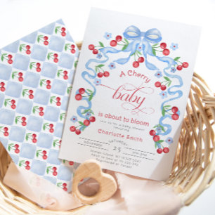 Cherry Baby is about to Bloom Blue Bow baby shower Invitation