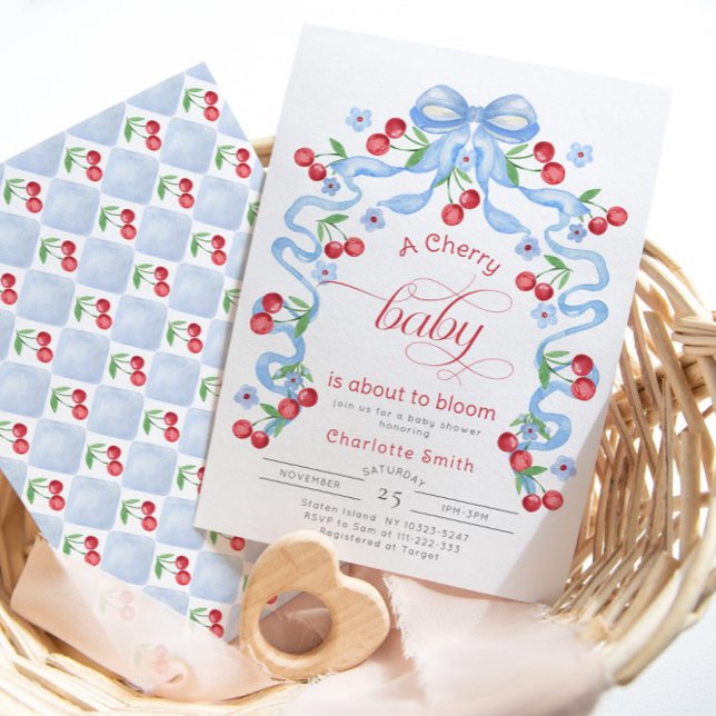 Cherry Baby is about to Bloom Blue Bow baby shower Invitation (Creator Uploaded)
