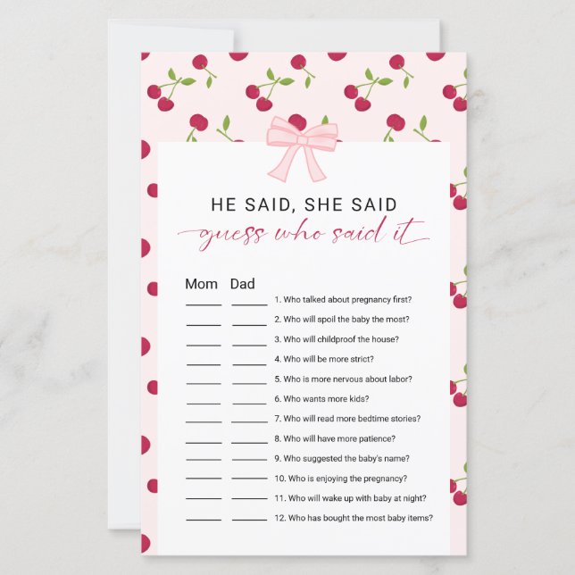 Cherry Baby Shower He Said She Said Game Pink Bow (Front)