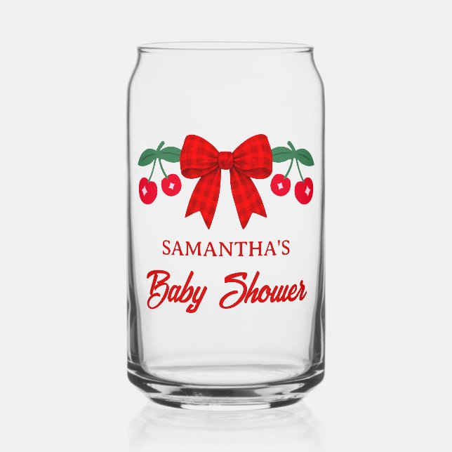 Cherry Baby Shower Red Gingham Bow Favour Can Glass (Front)