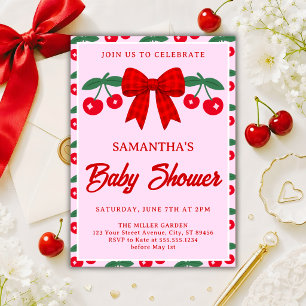 Cherry Baby Shower Red Gingham Bow Invitation