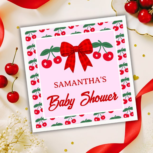 Cherry Baby Shower Red Gingham Bow Napkin (Creator Uploaded)