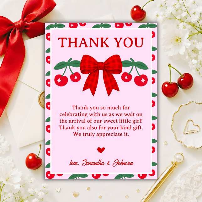 Cherry Baby Shower Red Gingham Bow Thank You Card (Creator Uploaded)