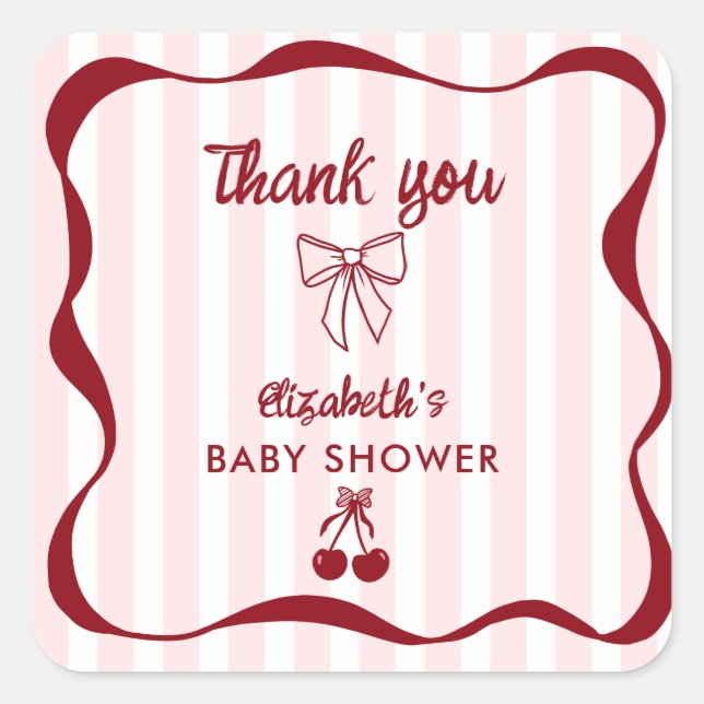 Cherry Baby Shower Thank you Bows Coquette Square Sticker (Front)