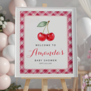 Cherry Baby Shower Welcome Sign with Pink Gingham