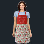 Cherry Berries Pattern Pretty Modern Red Name Apron<br><div class="desc">One of my daughters is currently obsessed with everything cherry, so of course I had to design an apron that was cherry themed! :) This beautiful apron features a pattern of cherries and leaves in bold red and green. Three text templates are included for personalisation, making this apron a truly...</div>