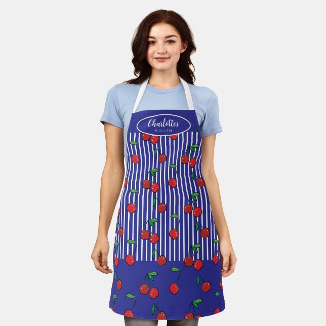 Cherry Berries Red Pattern Modern Nautical Blue Apron (Worn)