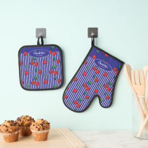 Cherry Berries Red Pattern Modern Nautical Blue Oven Mitt & Pot Holder Set
