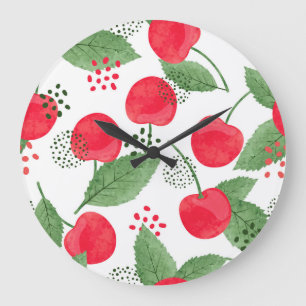 Cherry Berries Vintage, Watercolor Seamless. Large Clock