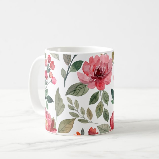 Cherry Berry Modern Watercolor Floral Pattern Coffee Mug (Front Left)