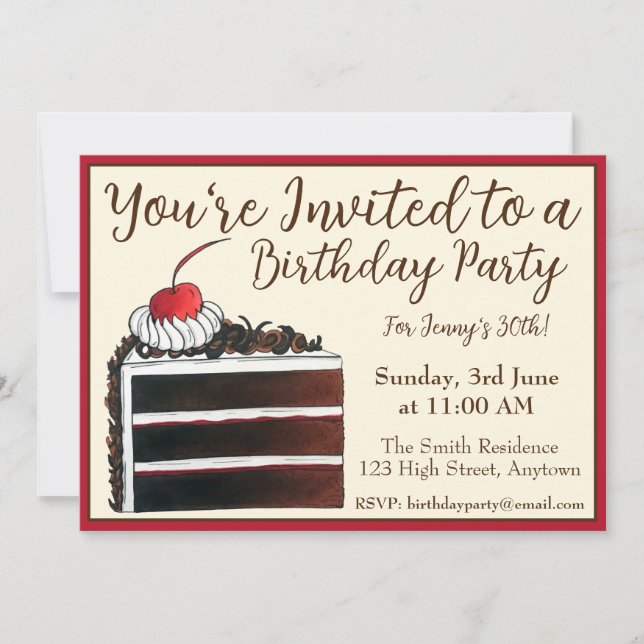 Cherry Black Forest Cake Slice Birthday Party Food Invitation (Front)