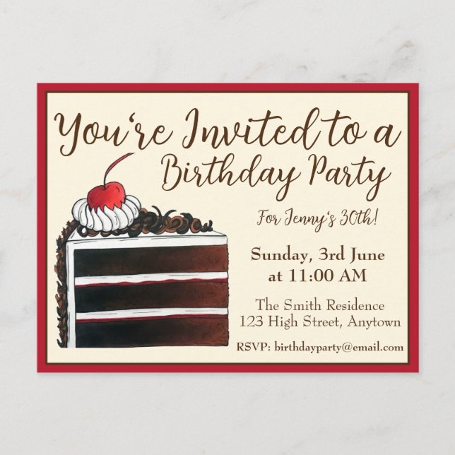 Cherry Black Forest Cake Slice Birthday Party Food Invitation Postcard (Front)