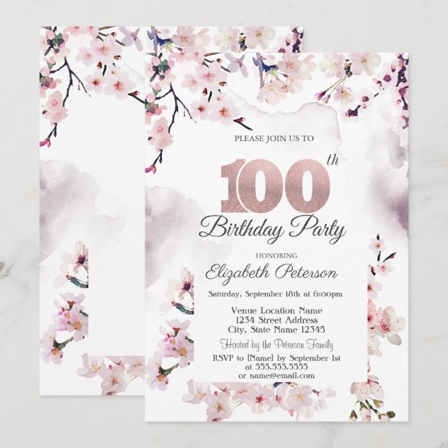 Cherry Blossom 100th Birthday  Invitation (Front/Back)