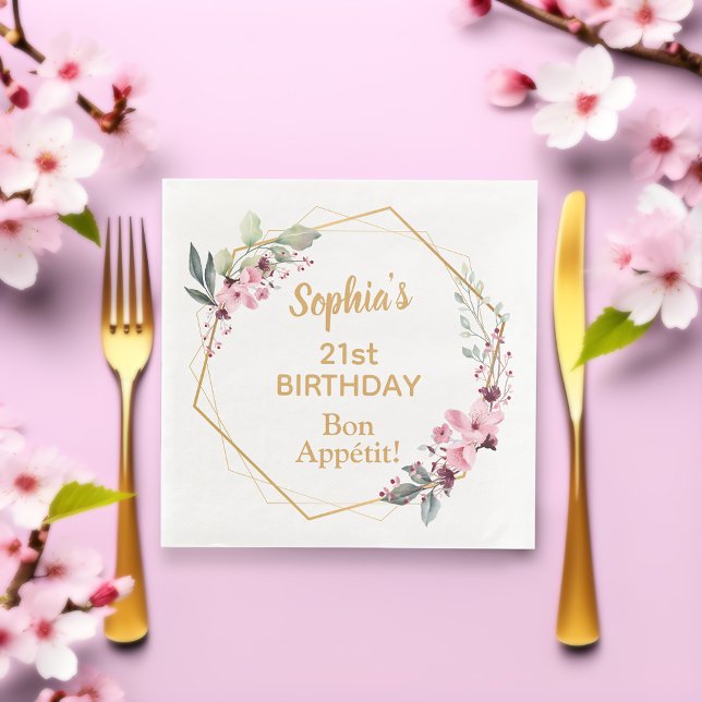 Cherry Blossom 21st Birthday Dinner Party Napkins (Elegant cherry blossom and gold birthday party paper napkins.)