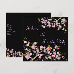 Cherry Blossom 21st Elegant Birthday Party Black Invitation