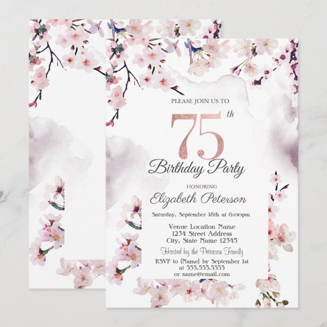Cherry Blossom 75th Birthday  Invitation (Front/Back)