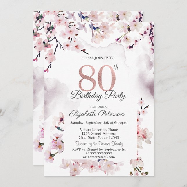 Cherry Blossom 80th Birthday  Invitation (Front/Back)