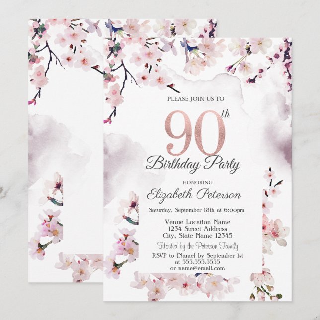 Cherry Blossom 90th Birthday  Invitation (Front/Back)