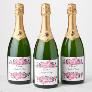 Cherry Blossom Add Names Date Pink White Sparkling Wine Label