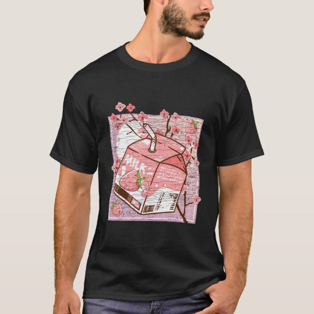 Cherry Blossom Aesthetic Strawberry Milk Kawaii T-Shirt (Front)