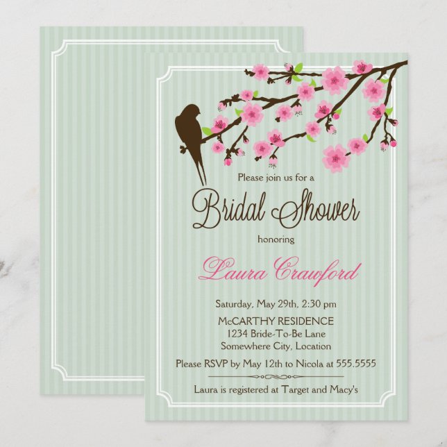 Cherry Blossom and Bird Bridal Shower Invitation (Front/Back)