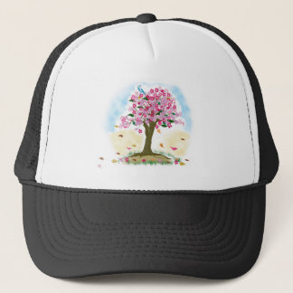 cherry blossom and blue bird trucker hat