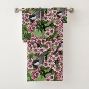 Cherry blossom and chickadees on green bath towel set