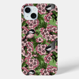 Cherry blossom and chickadees on green iPhone 15 mini case