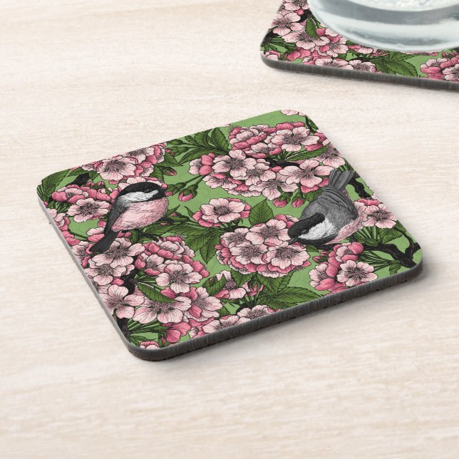 Cherry blossom and chickadees on green coaster (Left Side)