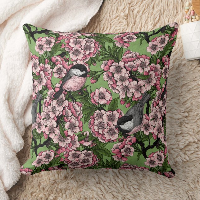 Cherry blossom and chickadees on green cushion (Blanket)