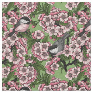 Cherry blossom and chickadees on green fabric
