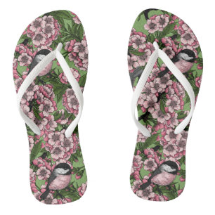 Cherry blossom and chickadees on green flip flops