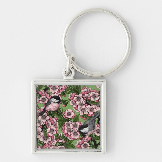 Cherry blossom and chickadees on green key ring (Front)