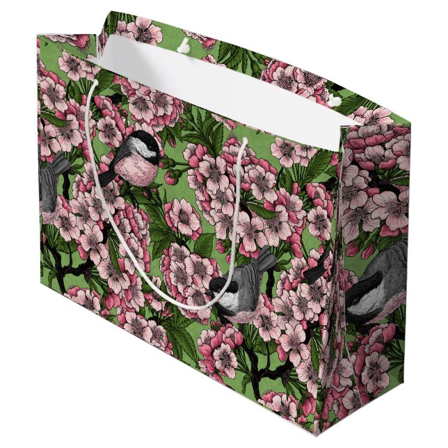 Cherry blossom and chickadees on green large gift bag (Back Angled)